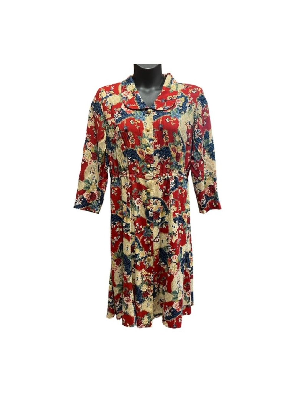 Vintage 90s Floral Midi Dress Boho Cottagecore Peasant Button Front 16WP